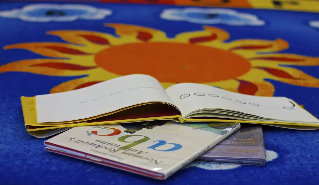 Books and colorful classroom artwork