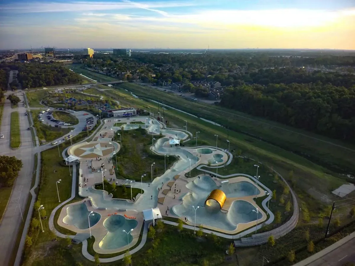Aerial view of outdoor recreation tracks and surrounding green space