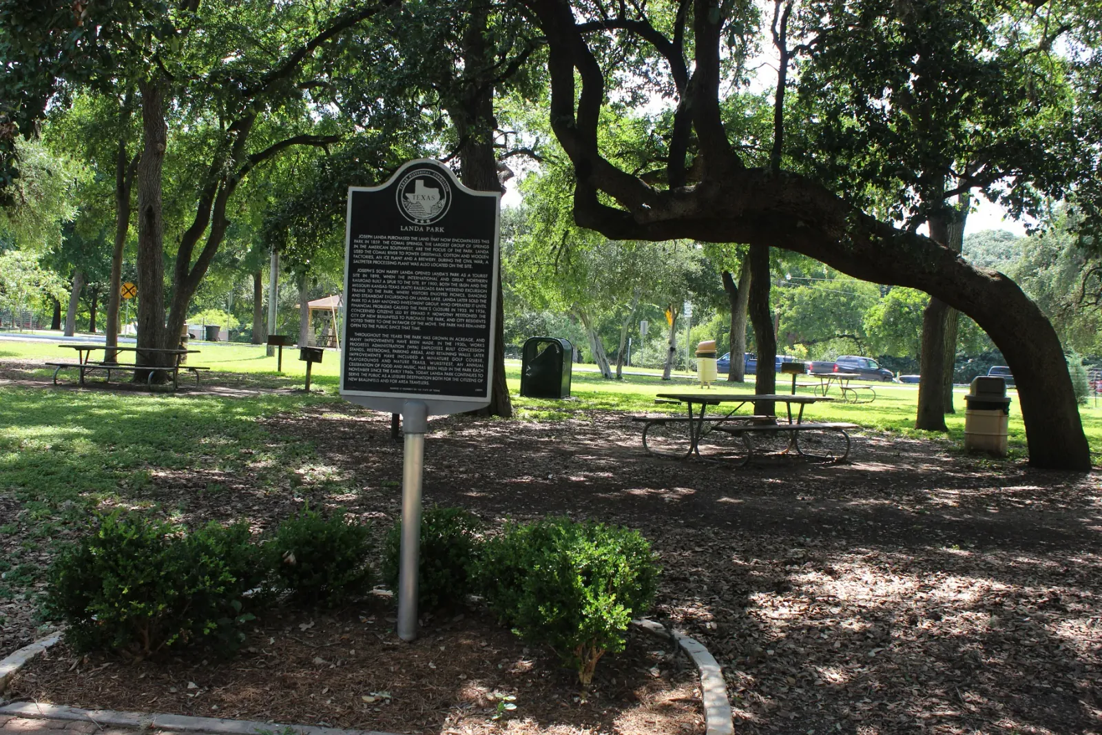 Historical marker beneath a large spreading tree