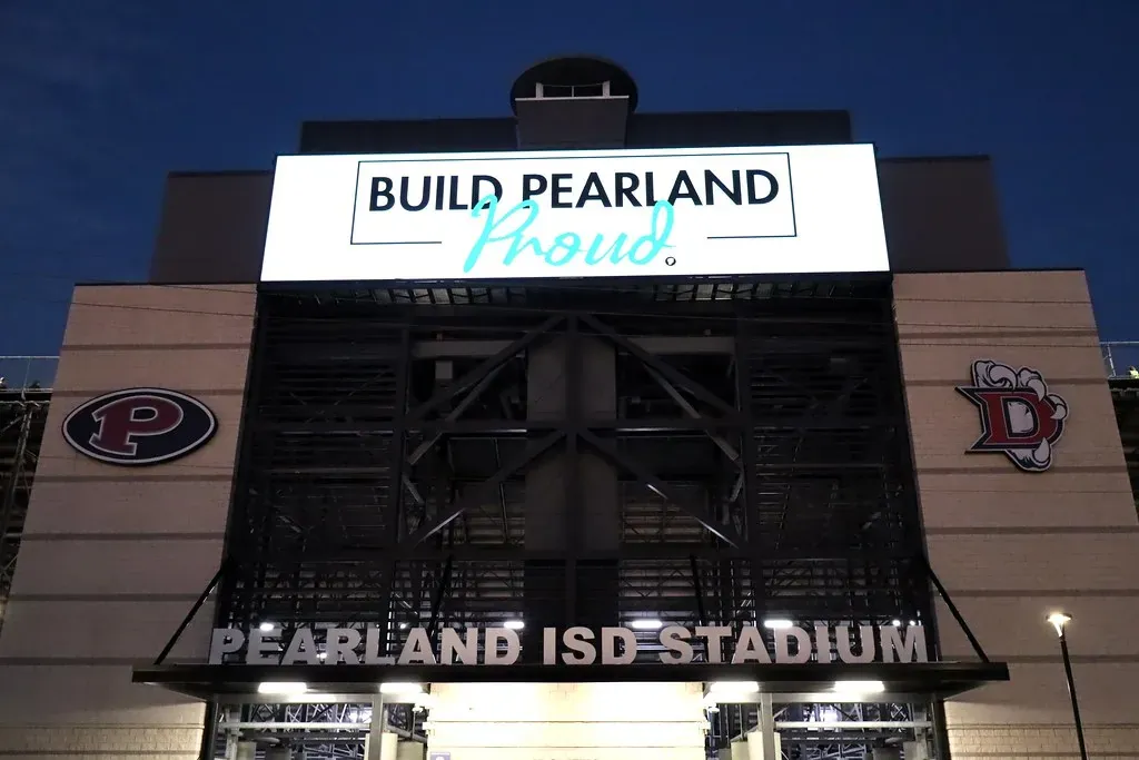 Pearland ISD Stadium entrance and Build Pearland sign