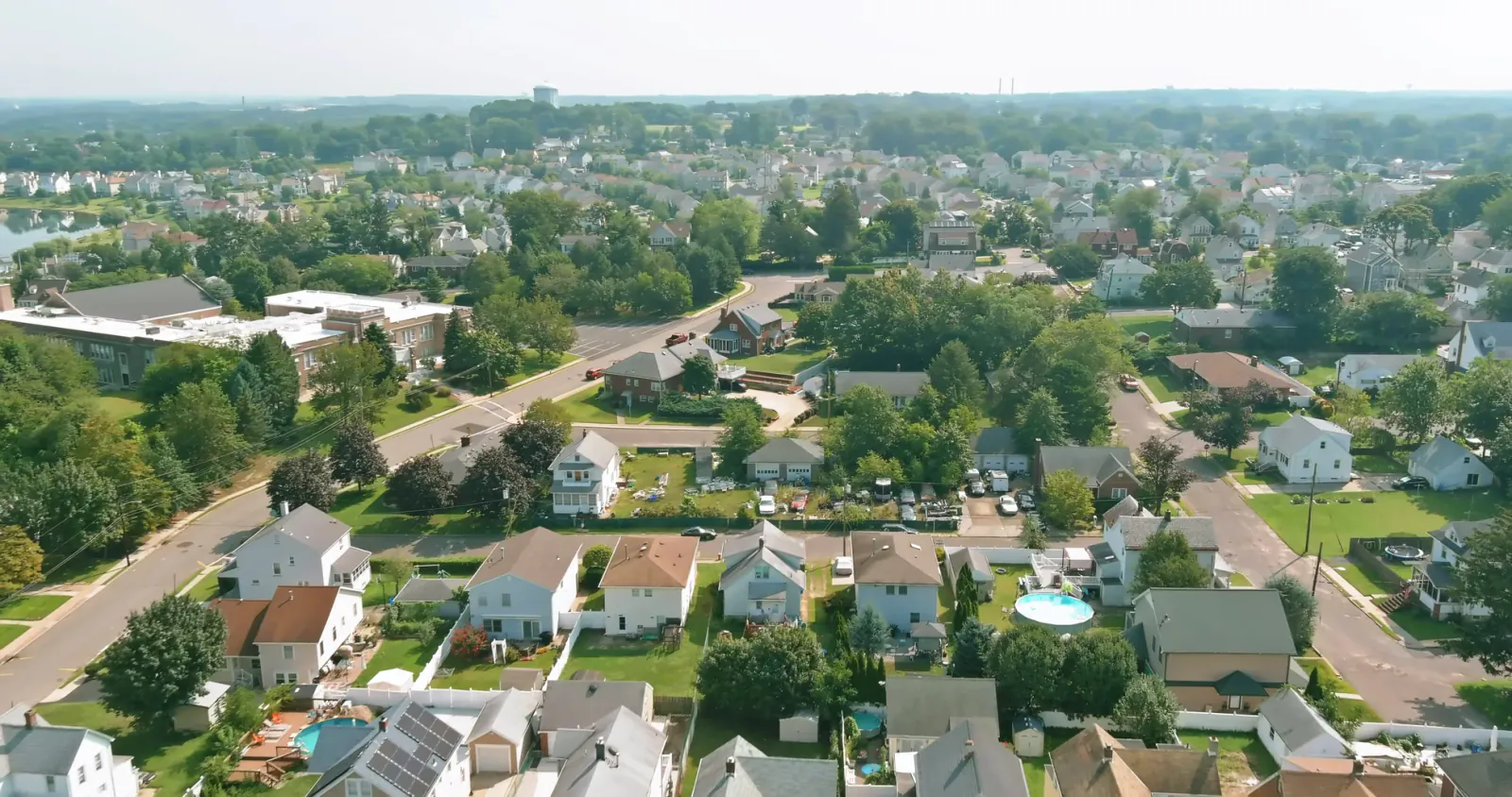 Aerial view of a leafy residential neighborhood