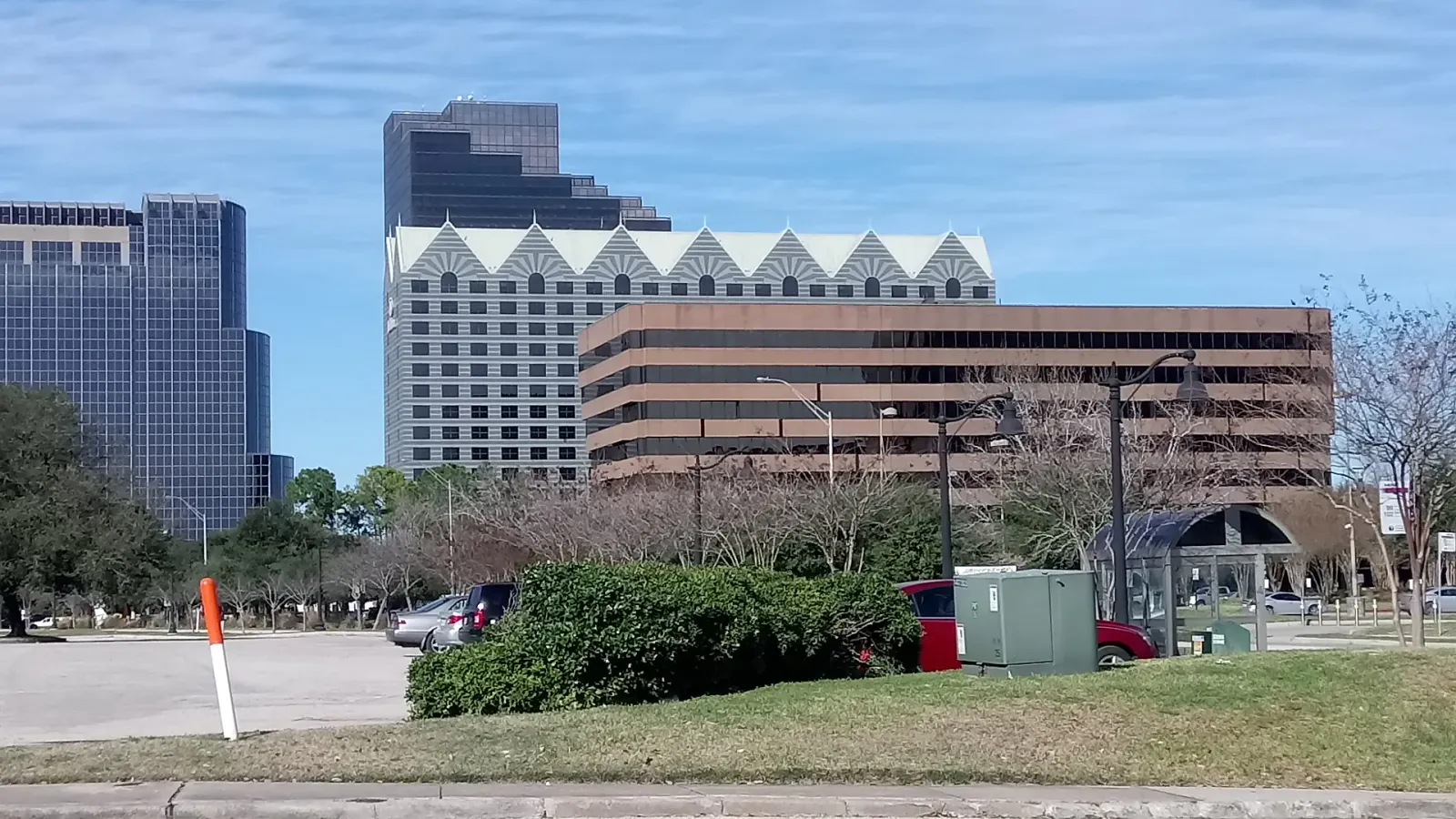 Multistory office building beside a road