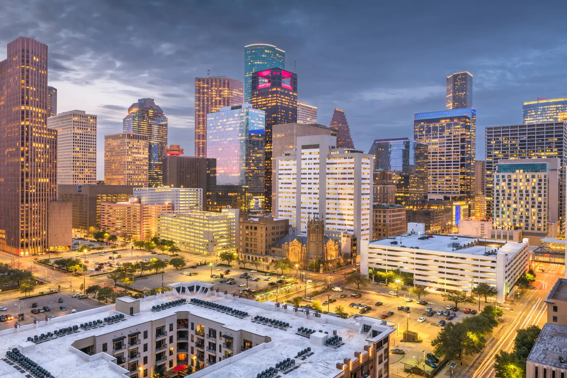 Downtown Houston skyline at twilight