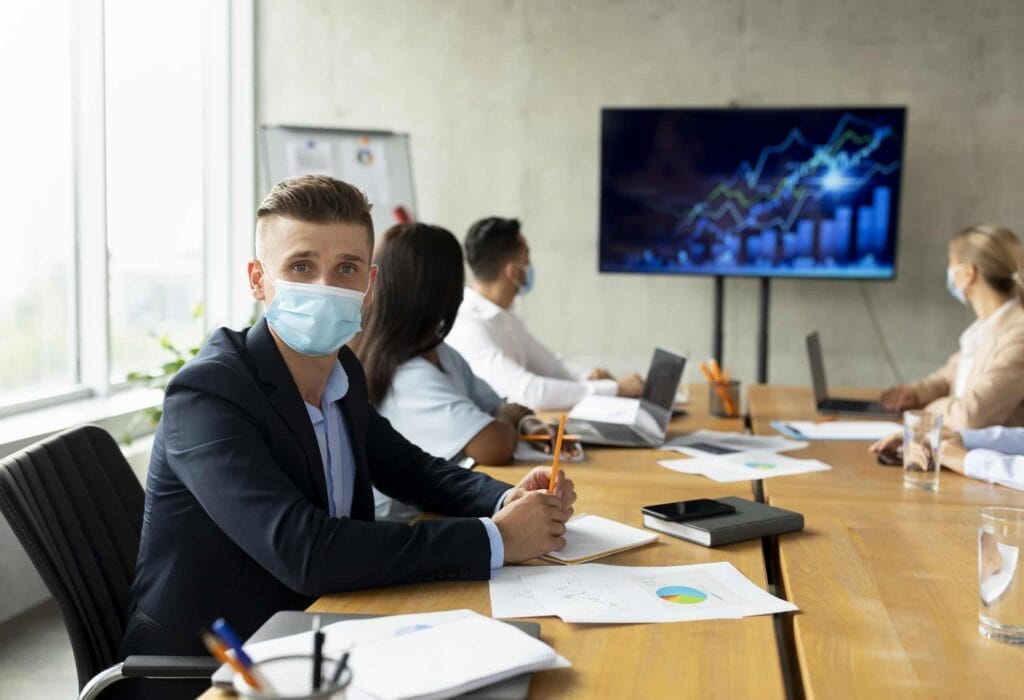 Keywords: business people, face masks.